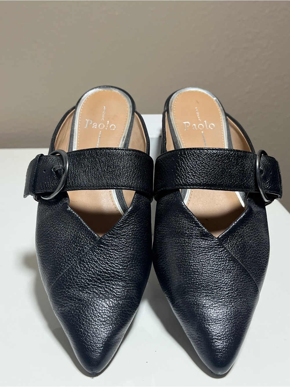 Paolo Black Leather Buckle Mules